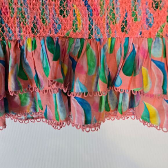 Farm Rio Anthro Smocked Mini Skirt Pink Floral Print Boho Ruffle Hem XL NWT - Picture 7 of 8